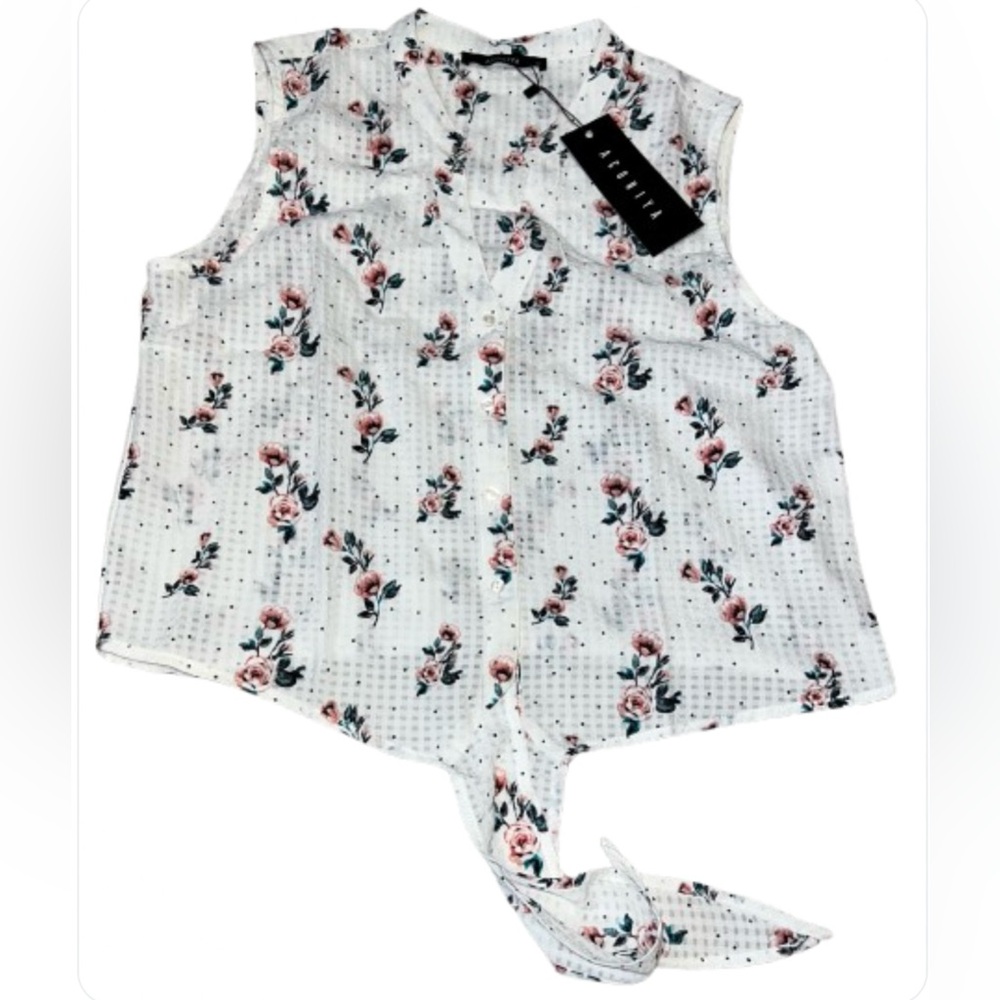 Aconiya White Floral Top Size Medium Button Front Tie V-Neck